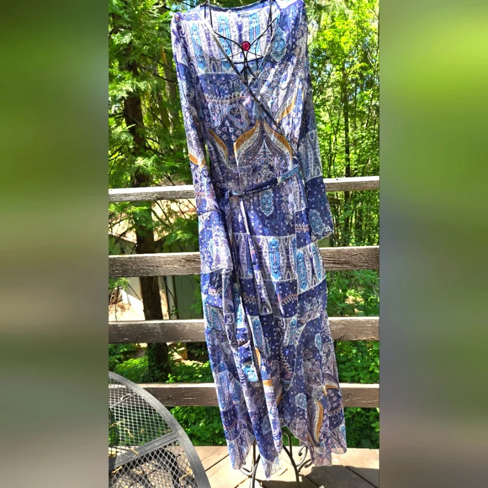 Blue paisley flutter sleeve sheer cover up wrap dress szXL - Picture 1 of 7